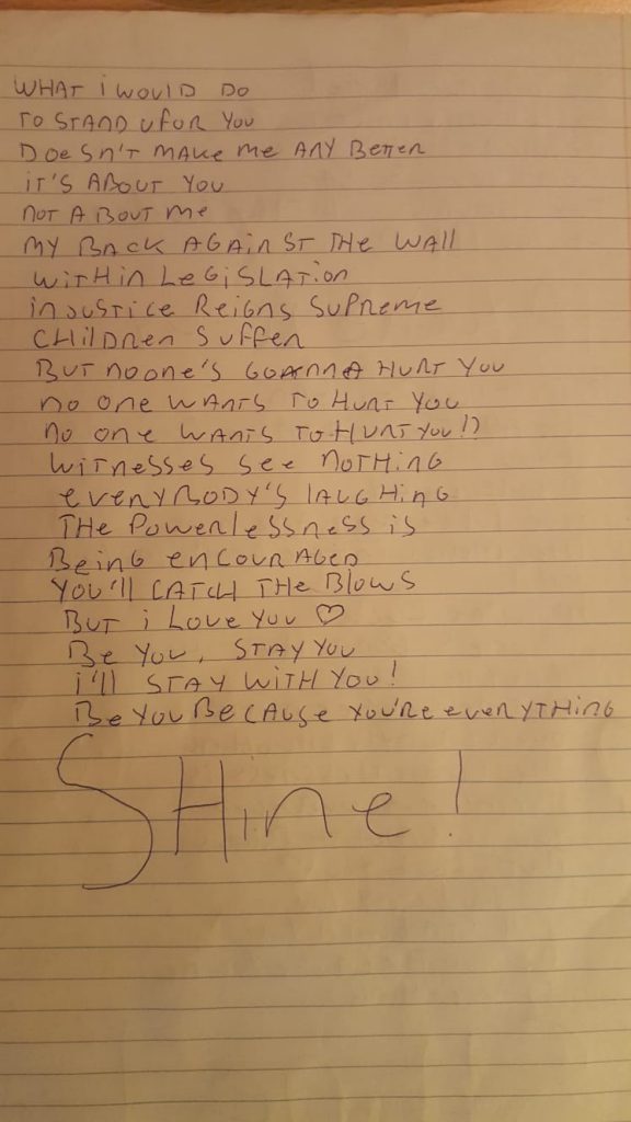Lyrics YANA handwritten by Caelyn